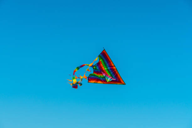 istock Rainbow colored kite in the clear blue skies. Selective focus. 1344567029
