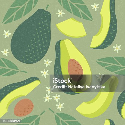 istock Avocado seamless pattern. Whole and sliced avocado with leaves and flowers on shabby background. 1344568921