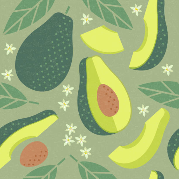 Avocado seamless pattern. Whole and sliced avocado with leaves and flowers on shabby background. Seamless pattern can use for decoration, packaging, wallpaper, textile, wrapping paper. avocado stock illustrations