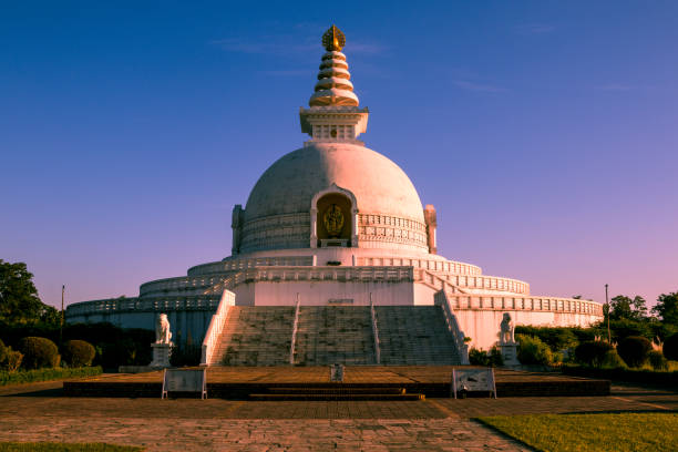 Biswa Shanti Stupa World Peace Pagoda in Lumbini, birthplace of Shakyamuni Buddha in Nepal. lumbini nepal photos stock pictures, royalty-free photos & images
