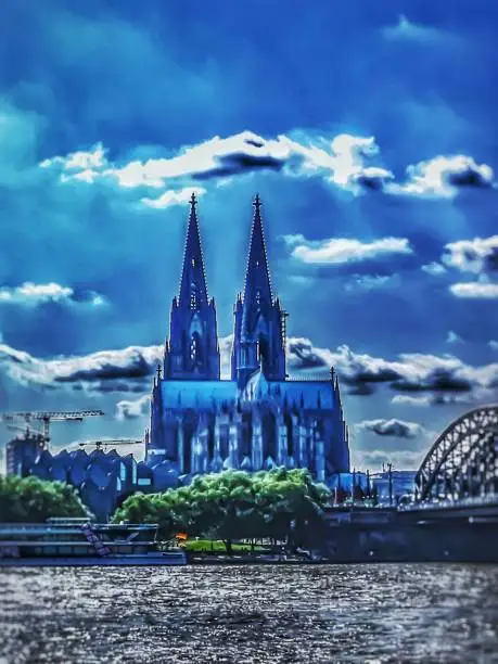 Big catholic githic church at the River Rhine in the centre of Cologne in Germany