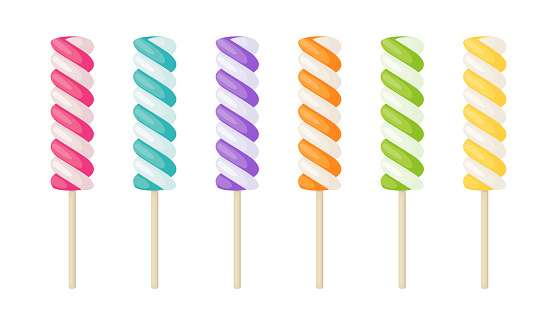 Spiral marshmallow on stick, swirl candy with colored stripes isolated on white background. Vector cartoon set of twisted sweets on wooden sticks