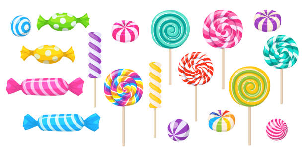 ÐÑÐ°ÑÐ¸ÐºÐ° Ð¸ Ð¸Ð»Ð»ÑÑÑÑÐ°ÑÐ¸Ð¸ Candies, lollipop, sugar caramel in wrapper, gums and twisted marshmallow on stick. Vector set of sweets, spiral lollypops, striped bonbons and bubblegums isolated on white background confectionery stock illustrations