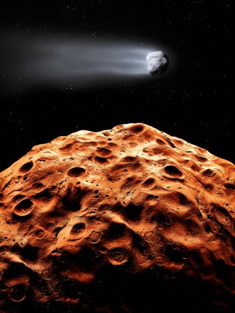 Comet flies over the surface of the rocky red planet. Craters of an earth-like planet. Space landscape 3d illustration.