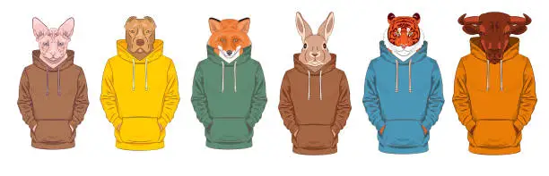 Vector illustration of Set of illustrations of anthropomorphic animals wearing hoodies