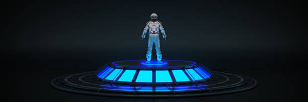istock Futuristic Sci Fi Modern Empty Big Hall Dark, Alien Garage Sci Fi. Astronaut spacesuit. 3d rendering 1344573880