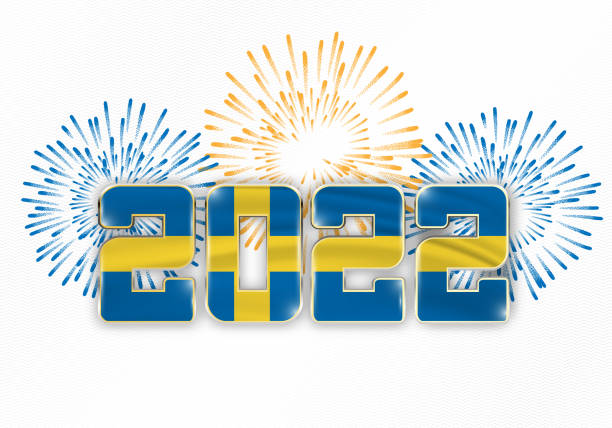 illustrazioni stock, clip art, cartoni animati e icone di tendenza di sfondo di capodanno 2022 con bandiera nazionale della svezia e fuochi d'artificio - day sky swedish flag banner