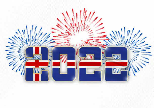 Vector illustration of 2022 new year background with national flag of Iceland and fireworks