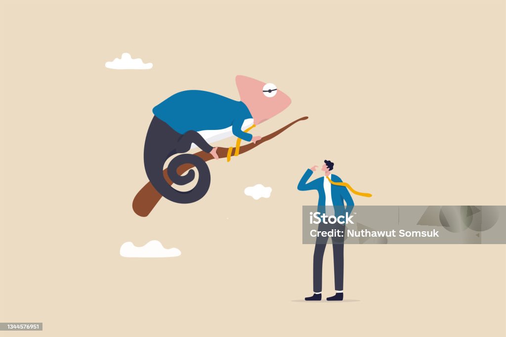 Business adaptability, change or evolve in uncertainty to survive and success, resilience or flexibility concept, businessman looking at chameleon reptile that evolved or transform into business suit. Adaptation - Concept stock vector