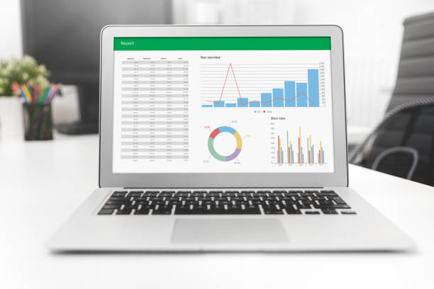 ноутбук с графиками, анализом данных и статистикой - spreadsheet home finances business finance стоковые фото и изображения
