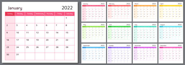 kalender für 2022 neujahr, woche beginnt am sonntag - august calendar stock-grafiken, -clipart, -cartoons und -symbole