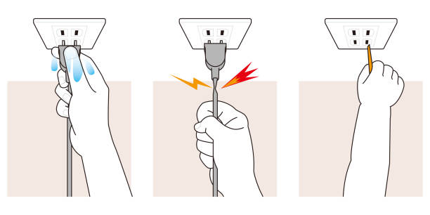 illustrazioni stock, clip art, cartoni animati e icone di tendenza di manipolazione pericolosa a mano di spina e presa - electric plug outlet human hand electricity