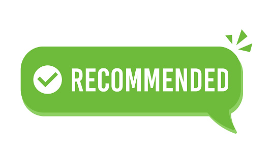 Recommended icon vector, green recommendation label with check mark tick, trusted or assurance label badge pictogram isolated