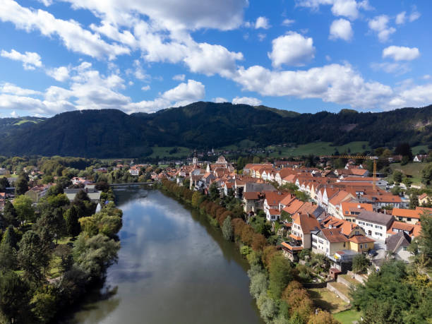 frohnleiten aerial view of city Frohnleiten on Mur river in Styria, Austria frohnleiten stock pictures, royalty-free photos & images