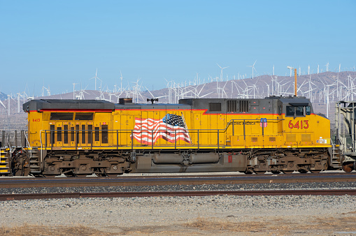 Mojave, California, USA - October 1, 2021: image of a Union Pacific Railroad locomotive shown stationary.