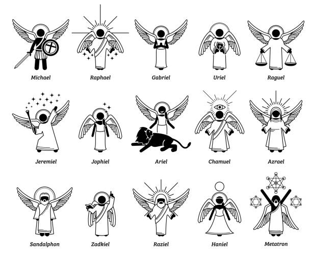 illustrazioni stock, clip art, cartoni animati e icone di tendenza di dio arcangeli, angeli, cherubini cherubini e santi. - seraphim