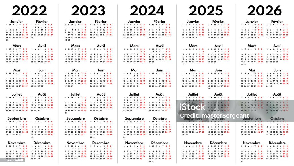 2022 2023 2024 2025 2026 Full Years French Language Calendar Grids