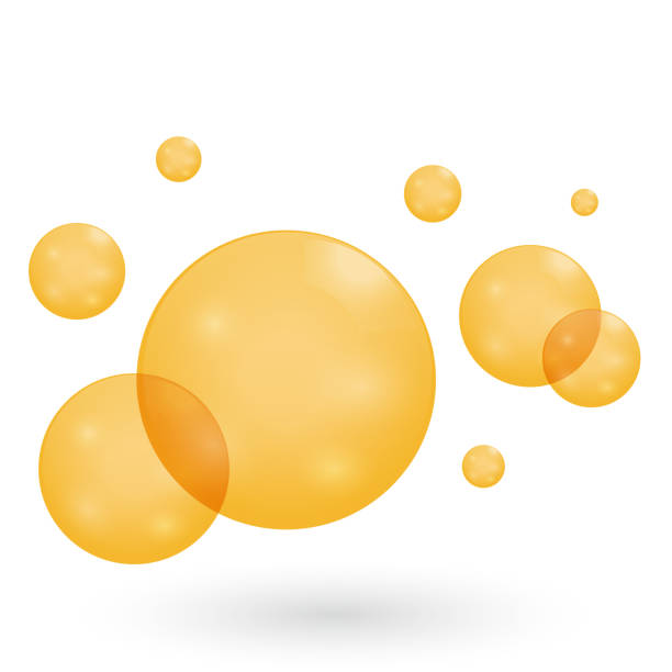шипящий воздух золотистых пузырьков на белом фоне. золотые пузырьки масла. реалистичные масляные капли, косметические витаминные капсулы,  - castor oil stock illustrations