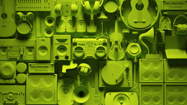 grüne musikinstrument wand lebendige musikausrüstung - saturated color audio stock-fotos und bilder