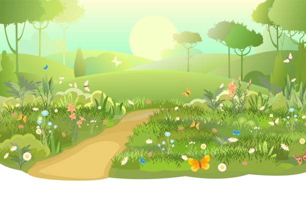 istock Road. Amusing beautiful forest landscape. Trail. Cartoon style. Leaves. The path through the hills with grass. Cool romantic beauty. Flat design illustration. Vector art 1344587687