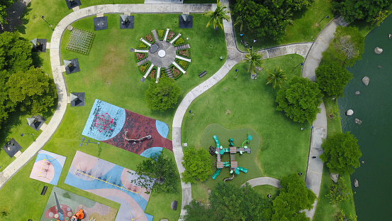 playgrounds in garden from aerial view