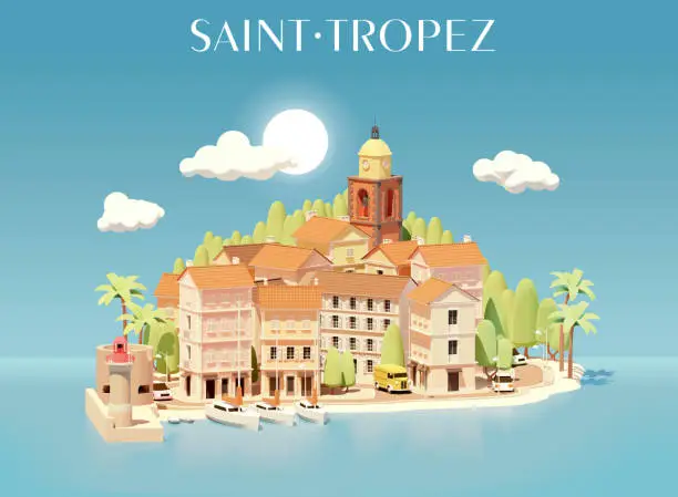 Vector illustration of Vector Saint-Tropez France cityscape illustration