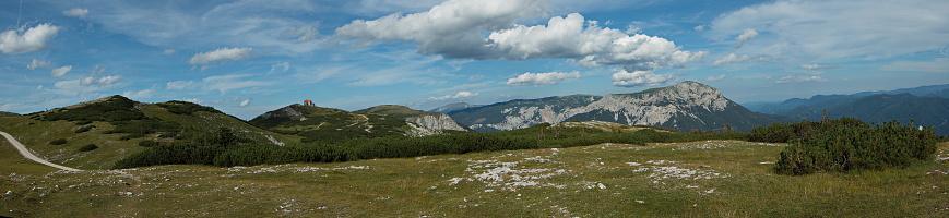 Panoramic view of the Schneealpenhaus and the Heukuppe, the highest mountain of Rax in Lower Austria, Austria, Europe