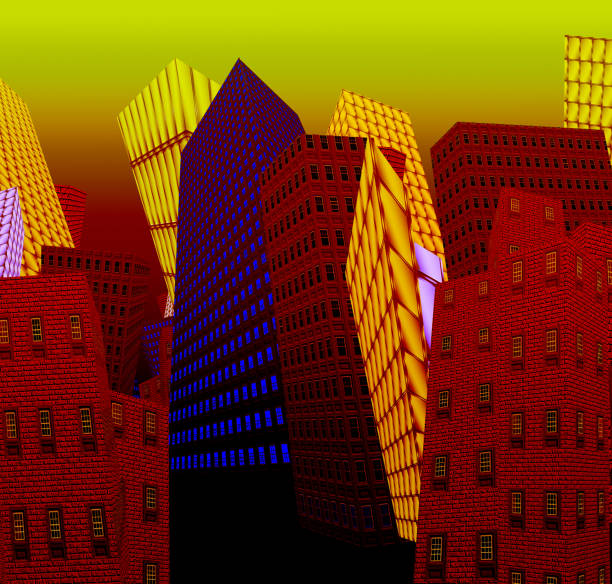 Cartoon drawing. Tilted houses. 3D rendering