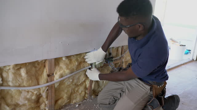 African-american construction worker installing fiberglass insulation on wall panel during wood frame house construction