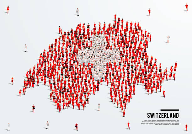 ilustraciones, imágenes clip art, dibujos animados e iconos de stock de mapa y bandera de suiza. un gran grupo de personas en el formulario de color de la bandera suiza para crear el mapa. ilustración vectorial. - mapa de europa con suiza en rojo