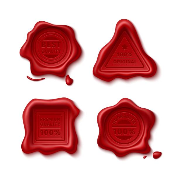 istock Wax seal impress. Realistic embossed red stamps top view, vintage certificate and guarantee different shapes marks with text signature, best premium quality emblem, vector isolated set 1344592119