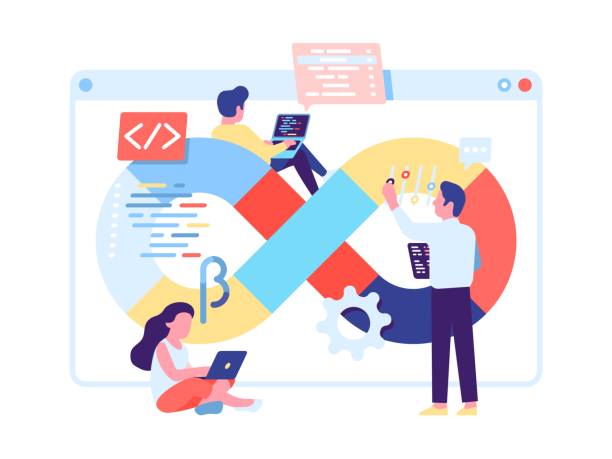 Devops engineers. Program product building. Coordinated teamwork. Software developers collaboration. Professionals interaction. Programmers coding and developing UI. Vector concept Devops engineers. Program product building. Well coordinated teamwork. Software developers collaboration. Professionals productive interaction. Programmers coding and developing UI. Vector concept agile workflow stock illustrations
