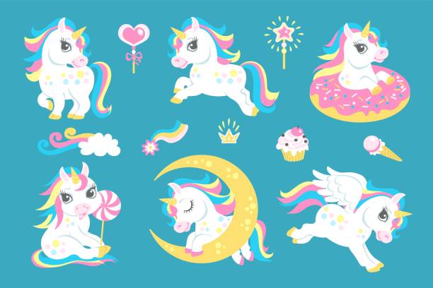 Cute unicorns. Flying little horses. Cartoon magical animals sleep or play. Funny characters with sweety babies design. Kids fairy decor templates. Vector happy ponies set and candies Cute unicorns. Flying little horses. Cartoon magical animals sleep or play. Funny characters with sweety babies design. Kids fairy tale decor templates. Vector happy winged ponies set and candies pony wings stock illustrations