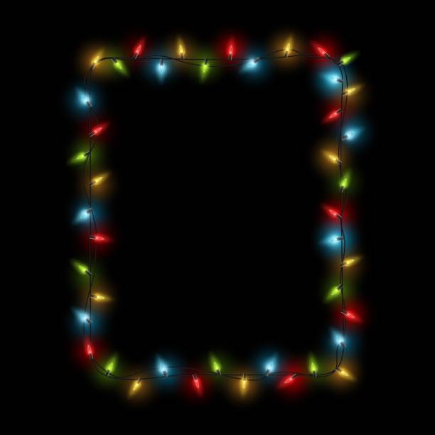 istock Frame garland. Christmas square border with color glowing light bulbs. Winter holiday electric illuminating. Banners, posters or greeting card template. Decorative vector element 1344593289