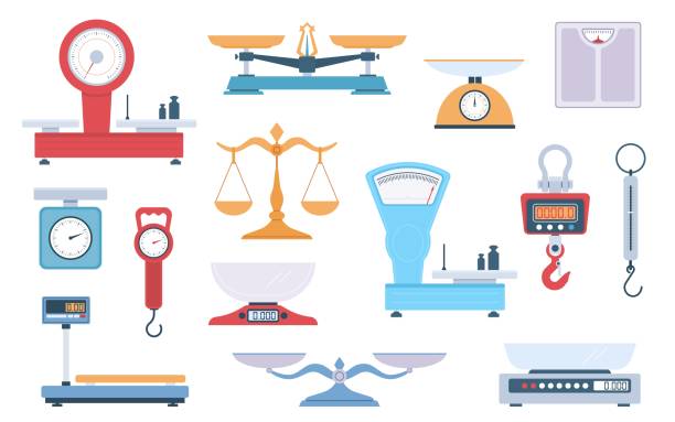 ilustrações de stock, clip art, desenhos animados e ícones de scales types. different scales variants, weighing balance, cartoon flat style, cargo and grocery, fitness and pharmacy, electronic and analog, vector cartoon isolated measuring devices set - scale