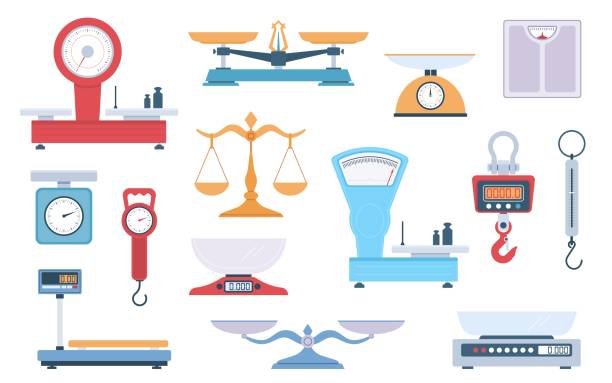 scales types. different scales variants, weighing balance, cartoon flat style, cargo and grocery, fitness and pharmacy, electronic and analog, vector cartoon isolated measuring devices set - tartı illüstrasyonlar stock illustrations