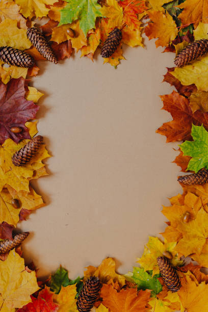 istock Colorful autumn leaves on kraft paper background. 1344593871