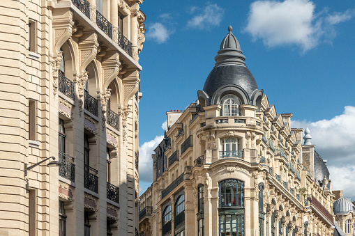 Distinctive Parisian flats located on Rue Réaumur in Paris, France. The Rue Réaumur (2nd and 3rd arrondissements) was built in 1895 and is a fabulous example of early 20th century architecture, a symbol of the new urbanism imagined by the architects of the time.