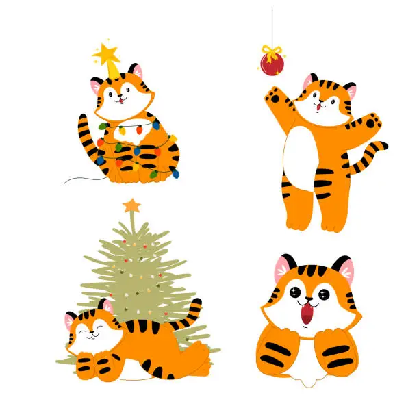 Vector illustration of Set of new year christmas tiger. Cartoon cute predatory cat. Lion with a Christmas tree, a garland, a ball. Stock vector flat illustration isolated on white background.