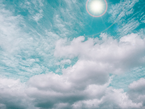 Panoramic image of the sun and clouds in an evening summer sky.