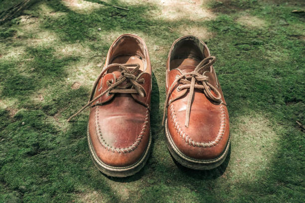 istock Brown leather shoes on the mossy ground 1344596638