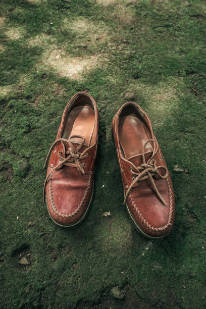 istock Brown leather shoes on the mossy ground 1344596808