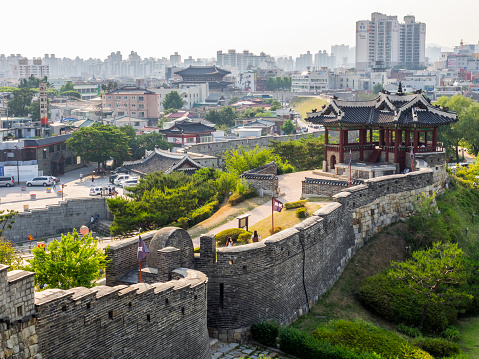 Suwon, South Korea - June 14, 2017: Hwaseong Fortress or Suwon Hwaseong is a fortification surrounding the centre of Suwon