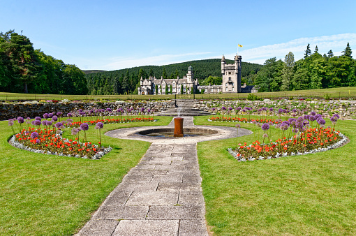 Balmoral Scottish Royal Scots baronial revival style castle and grounds in summer; Europe Great Britain, Scotland, Aberdeenshire, the Balmoral castle, summer residence of the British Royal Family - 17th of July 2021