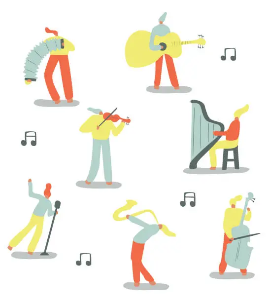 Vector illustration of Vector illustration with violinist, saxophonist, accordionist, vocalist, harper, guitarist.