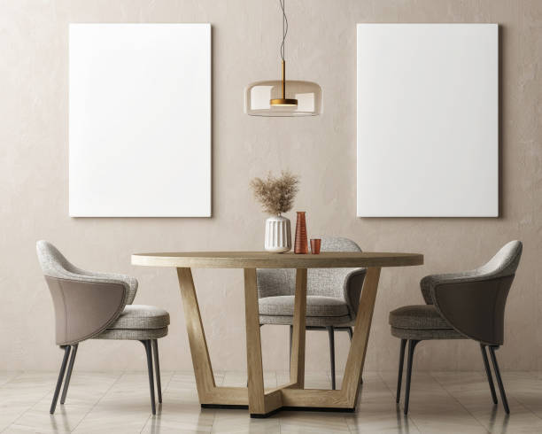 istock Dining room with mock-up poster, Scandinavian design. 1344598843
