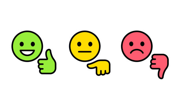 Smiley face feedback rating icons Customer feedback rating scale, smiley face with thumbs up and down. Good, bad and neutral evaluation. Vector emoticon icons. thumb down stock illustrations