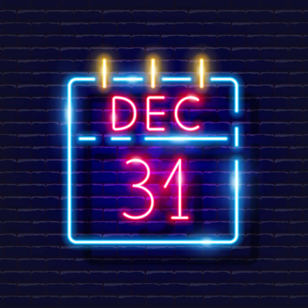 Calendar December 31 neon sign. Calendar sheet December 31 glowing icon. New Year and Christmas concept. Vector illustration for design. Calendar December 31 neon sign. Calendar sheet December 31 glowing icon. New Year and Christmas concept. Vector illustration for design number 31 stock illustrations