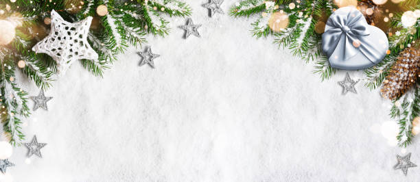 istock Christmas background, green pine branches, gift box on snow background and light. Creative composition, top view. New Year's, holiday, christmas, decoration. 1344601789
