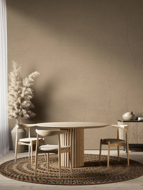 istock Beige brown interior with dining table and chair. 1344601870